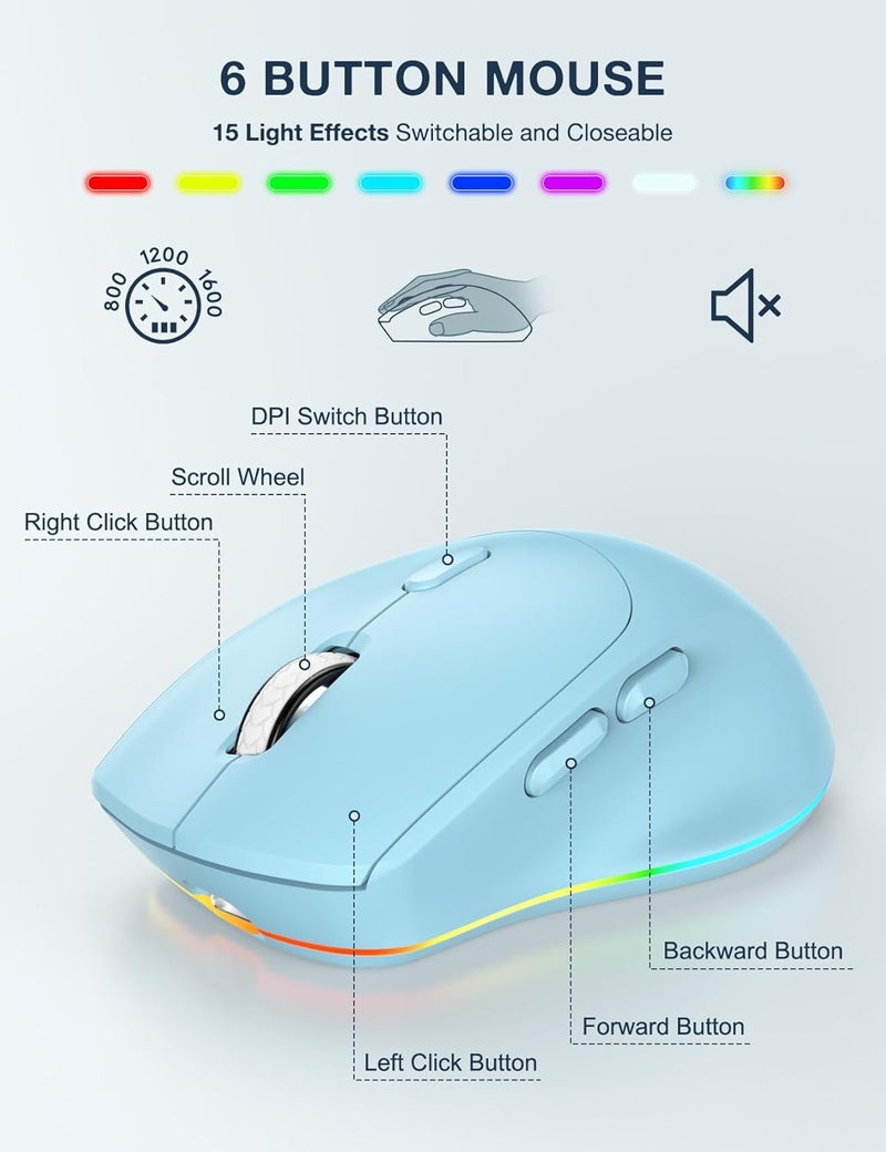 SABLUTE Wireless Keyboard and Mouse Combo, 9 Backlit Effects, Wrist Rest, Phone Holder, 2.4G Lag-Free Ergonomic Keyboards, Rechargeable Silent Cordless Set for Computer, Laptop, Mac, Windows - (Blue) - Image 5